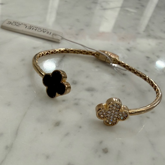 Rachel Zoe Jewelry - NEW Rachel Zoe 24K Gold Plate Onyx Clover Leaf Sterling Silver Bangle NWT HTF